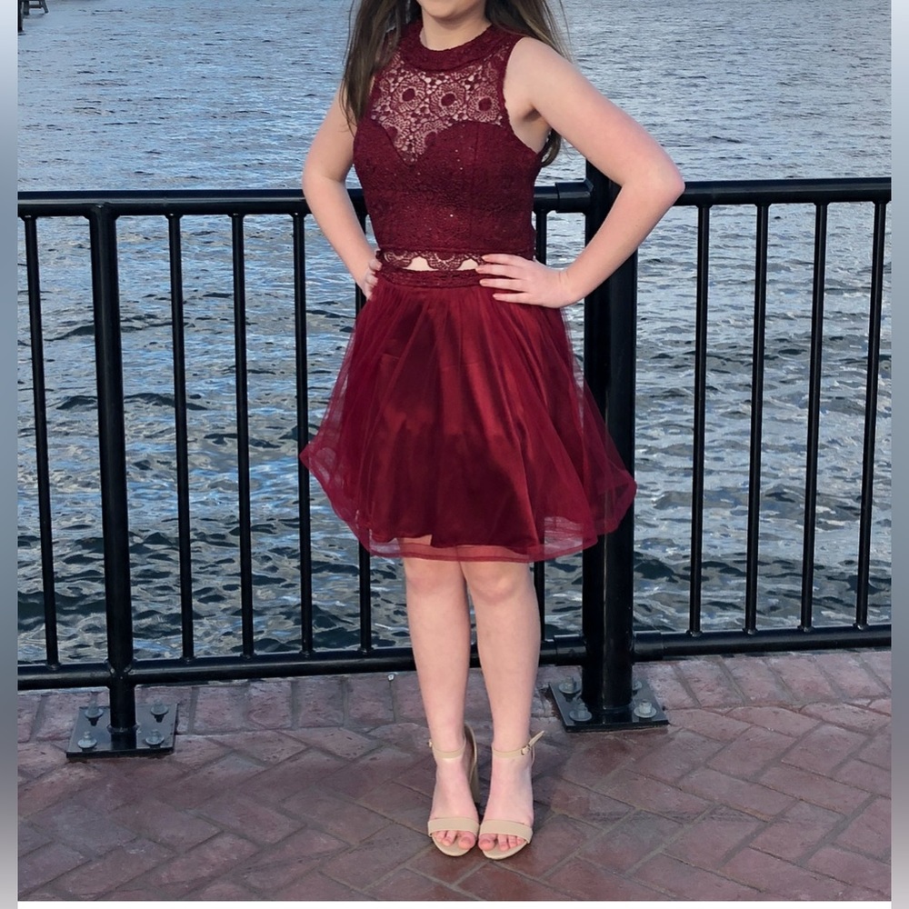2 piece formal dress in burgundy